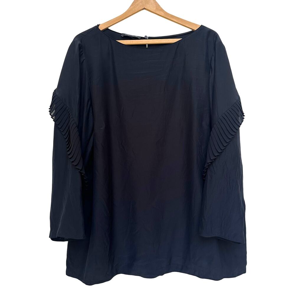 Lafayette 148 New York Black Silk Pleated Sleeve Tunic Blouse Size L